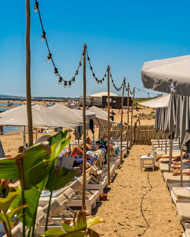 L'allée de la plage privée, guirlandes et transats en bois
